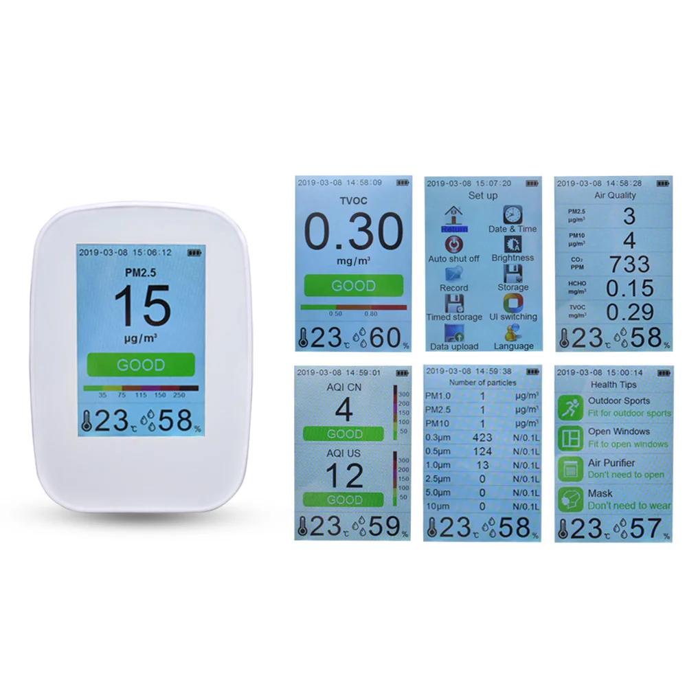 CO2 HCHO PM2.5 Formaldeyde TVOC Detector Multifunctional Carbon Dioxide Gas Detector PM 2.5 Tester Air Quality Analyzer
CO2 HCHO PM2.5 Formaldeyde TVOC Detector Multifunctional Carbon Dioxide Gas Detector PM 2.5 Tester Air Quality Analyzer