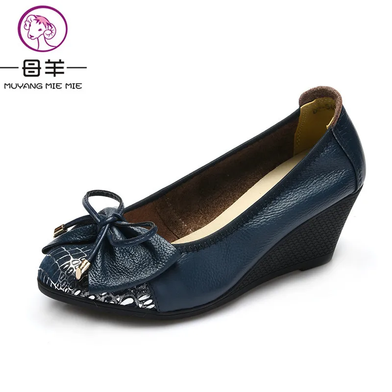 MUYANG MIE MIE 2018 Spring Women Shoes Genuine Leather Casual Shoes Woman Wedges Shoes High Heels Fashion Women Pumps
