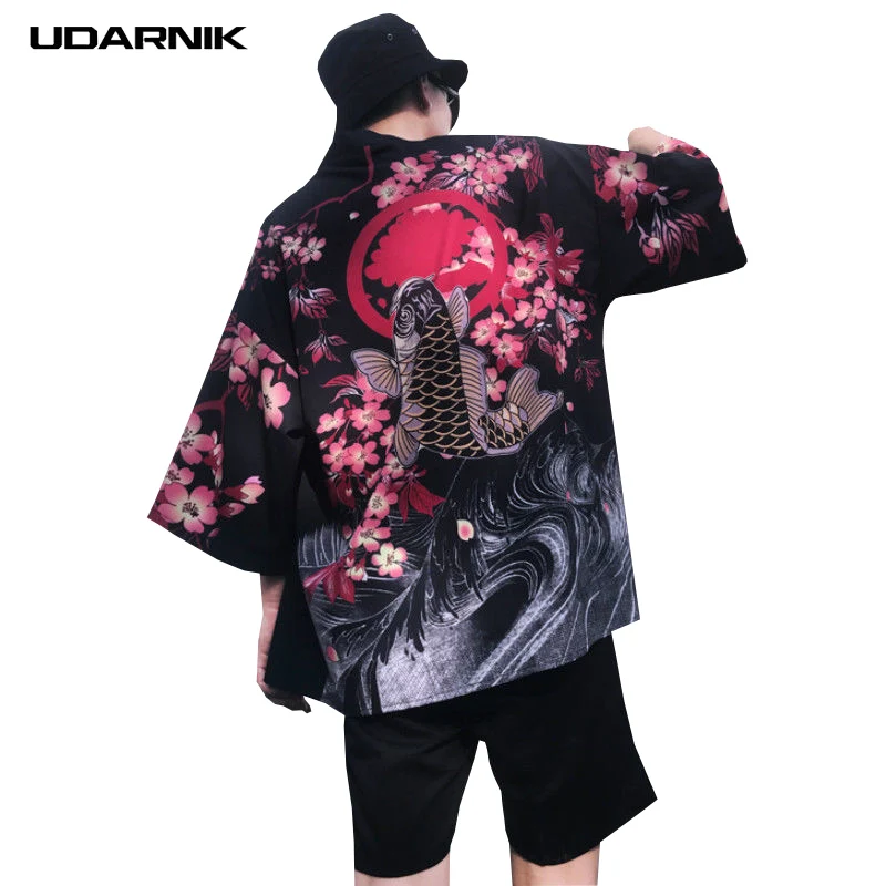 

Men Kimono Thin Jacket Half Sleeve Print Japanese Style Cardigan Yukata Coat Retro Vintage Harajuku Loose Summer 226-097