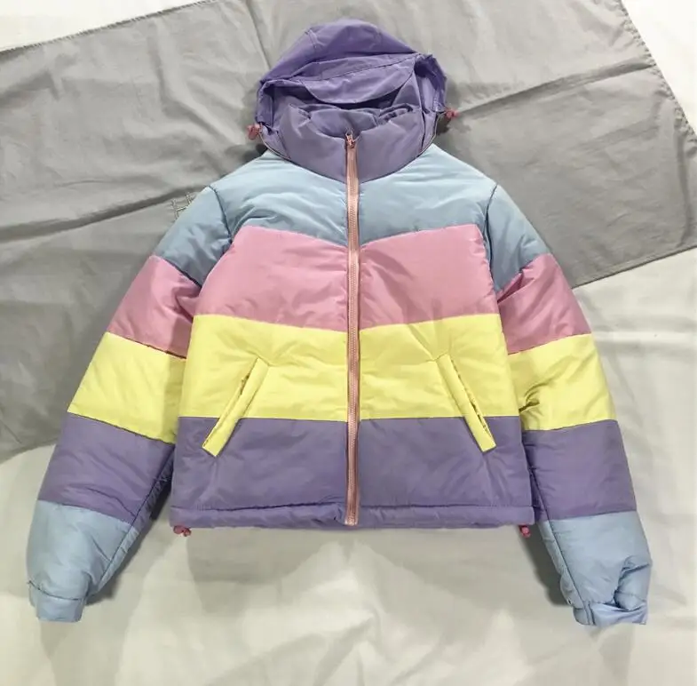 Rainbow Jackets Removable Hat Matching Outfits Fashion Winter Loose Rainbow Splicing Color Coats For Women
Rainbow Jackets Removable Hat Matching Outfits Fashion Winter Loose Rainbow Splicing Color Coats For Women