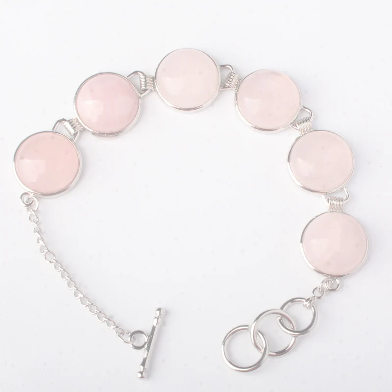 

16X16MM Natural Rose Pink Quartz Coin Beads Silver plating Bangle Bracelet 8"L