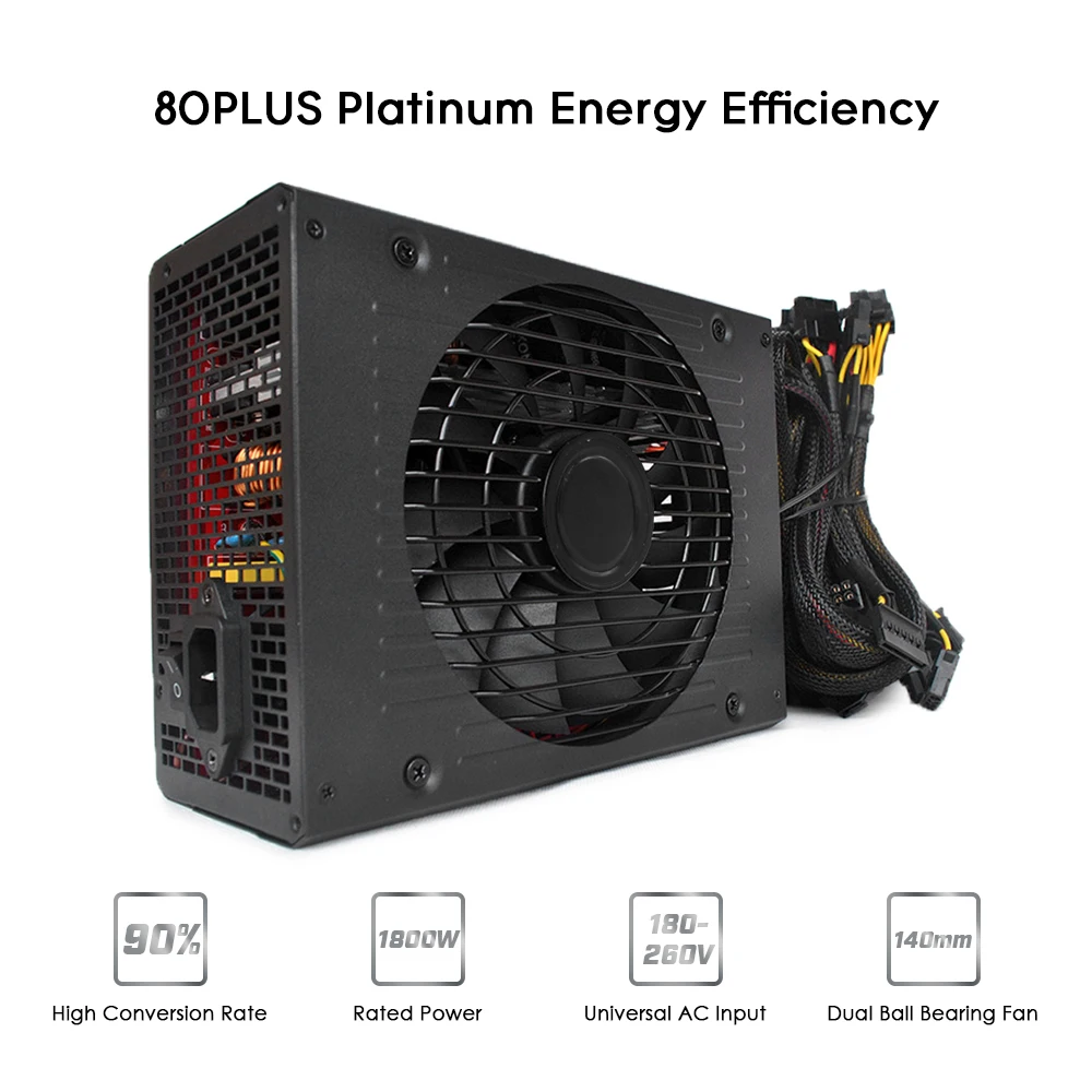 

1800W Switching Power Supply 90% High Efficiency for Ethereum Miner S9 S7 L3 Rig 180-260V Mining Machine PC