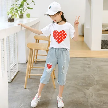 Girl Clothes Set Summer Clothes for Girl Short Sleeve Print Heart + Ripped Jeans Shorts Children Outfits Size 6 8 10 12 Years
Girl Clothes Set Summer Clothes for Girl Short Sleeve Print Heart + Ripped Jeans Shorts Children Outfits Size 6 8 10 12 Years