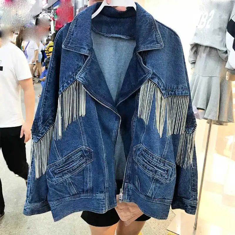 Women Fashion Punk Chain Tassel Denim Jacket Heavy Metal Blue Washed Loose Jeans Jacket Fringe Stylish Casual Outwear Female
Women Fashion Punk Chain Tassel Denim Jacket Heavy Metal Blue Washed Loose Jeans Jacket Fringe Stylish Casual Outwear Female