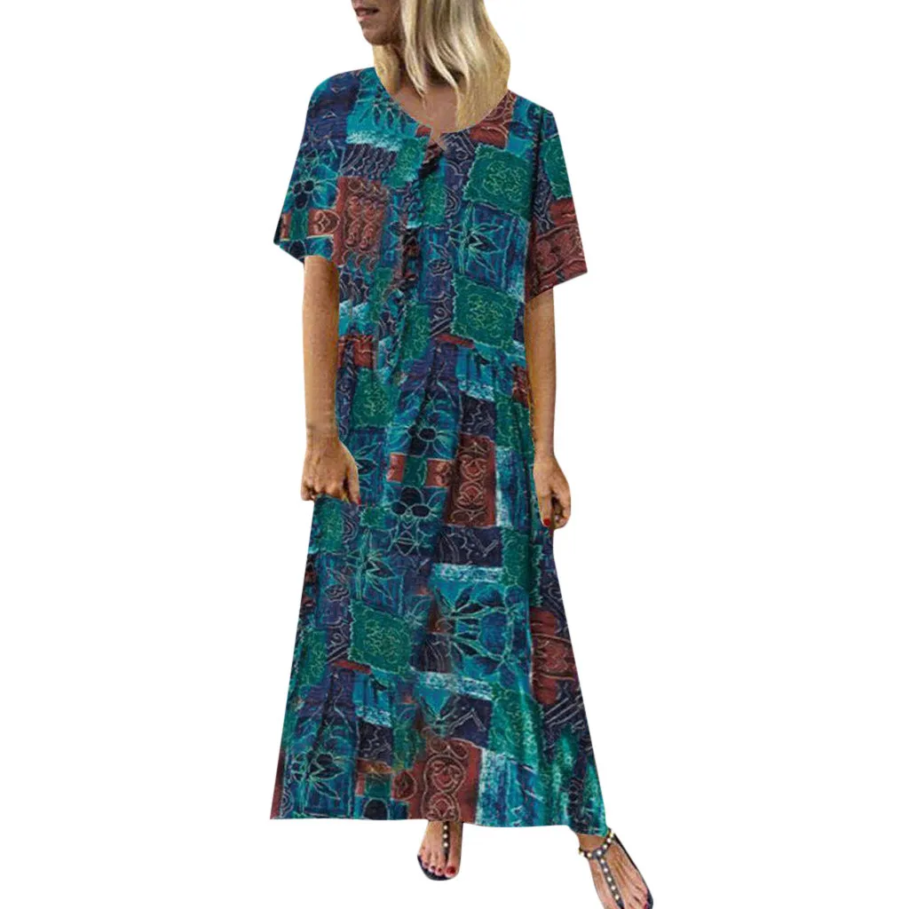 Women Dress Spring Summer Bohemian Cotton and Linen O-Neck Short Sleeve Folk-Custom Blue Print Vintage Dress L506
Women Dress Spring Summer Bohemian Cotton and Linen O-Neck Short Sleeve Folk-Custom Blue Print Vintage Dress L506