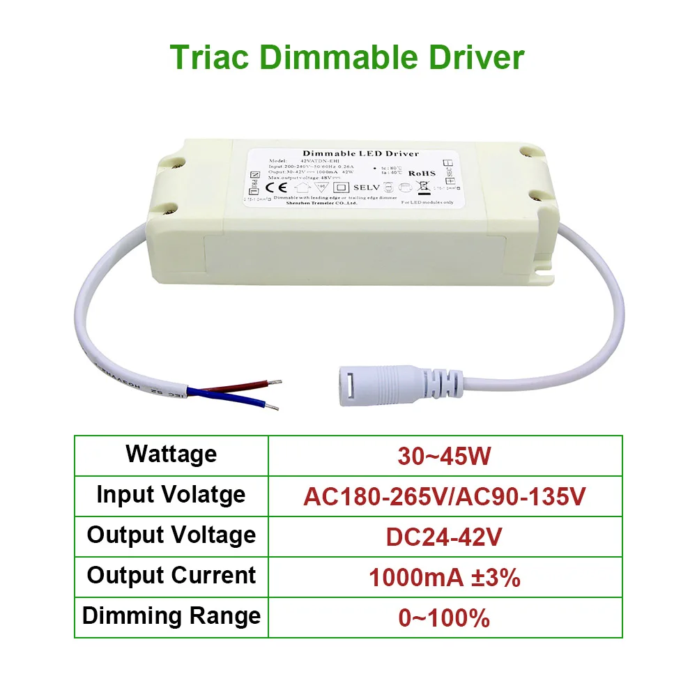 30-45W Triac Dimmable LED Driver 1000mA 1A constant current LEDs Power Supply Unit AC90-265V Lighting Transformers For LED Lamps
30-45W Triac Dimmable LED Driver 1000mA 1A constant current LEDs Power Supply Unit AC90-265V Lighting Transformers For LED Lamps