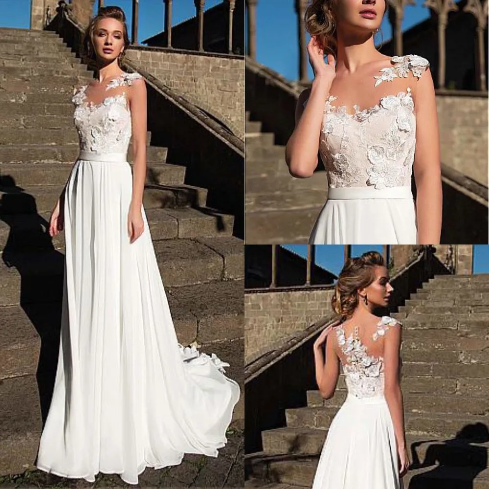 Charming Chiffon Scoop A-Line Wedding Dress Illusion Design Sleeveless with Appliques Bridal Gowns Cheap Wedding Dress
Charming Chiffon Scoop A-Line Wedding Dress Illusion Design Sleeveless with Appliques Bridal Gowns Cheap Wedding Dress