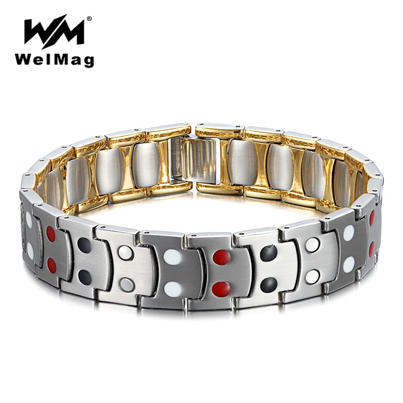 Фото WelMag Magnetic Bracelet Men Double Row Negative ion Germanium Bracelets Bangles Male Stainless Steel luxury Charm Wrist Band | Украшения и