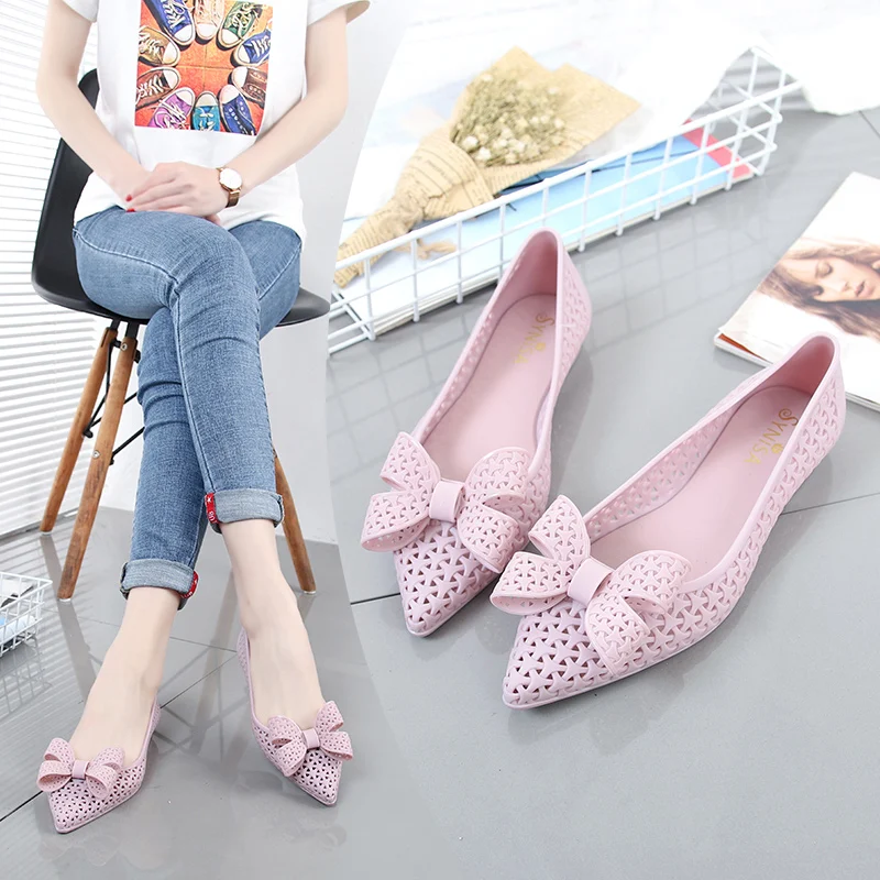 Women's Jelly Summer Beach Slip On Pointed toe Bowknot Flats Loafers Slippers