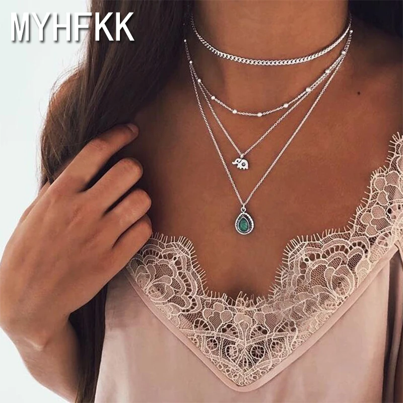 MYHFKK Bohemian elephant multi-layer necklace hot 2019 retro handmade ladies pendant birthday gift XL039 | Украшения и аксессуары