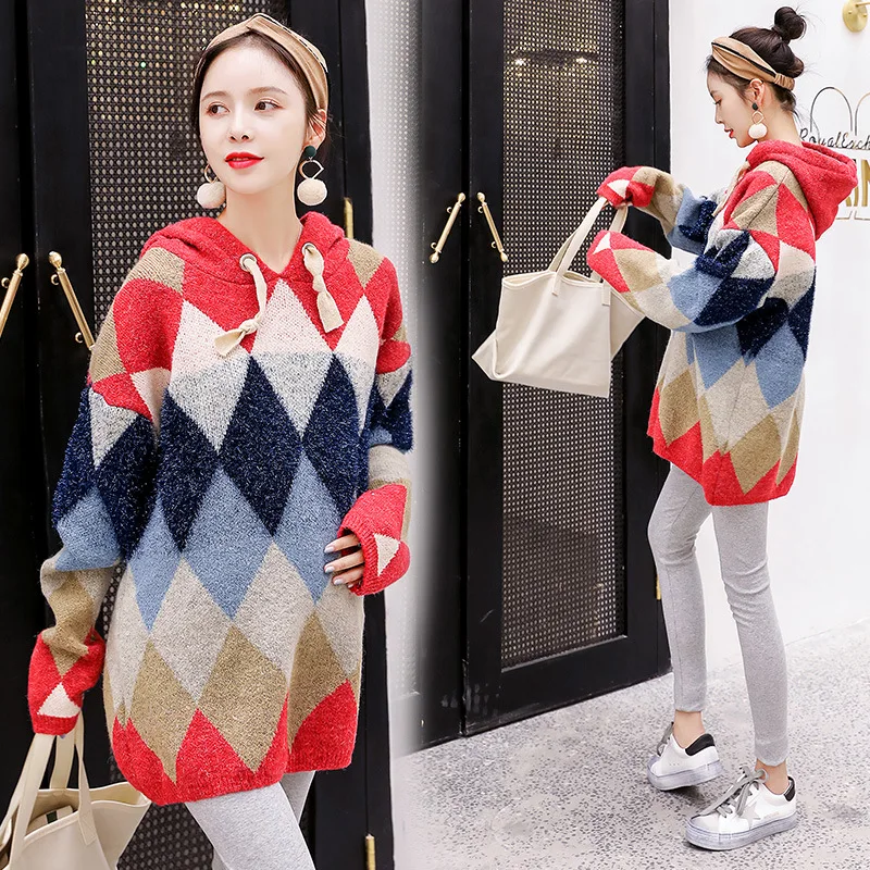 Pregnant Women Winter Plus Size Plaid Knitted Loose Long Sweater Dress With Hooded Maternity Autumn Fashion Nursing Sweaters
Pregnant Women Winter Plus Size Plaid Knitted Loose Long Sweater Dress With Hooded Maternity Autumn Fashion Nursing Sweaters