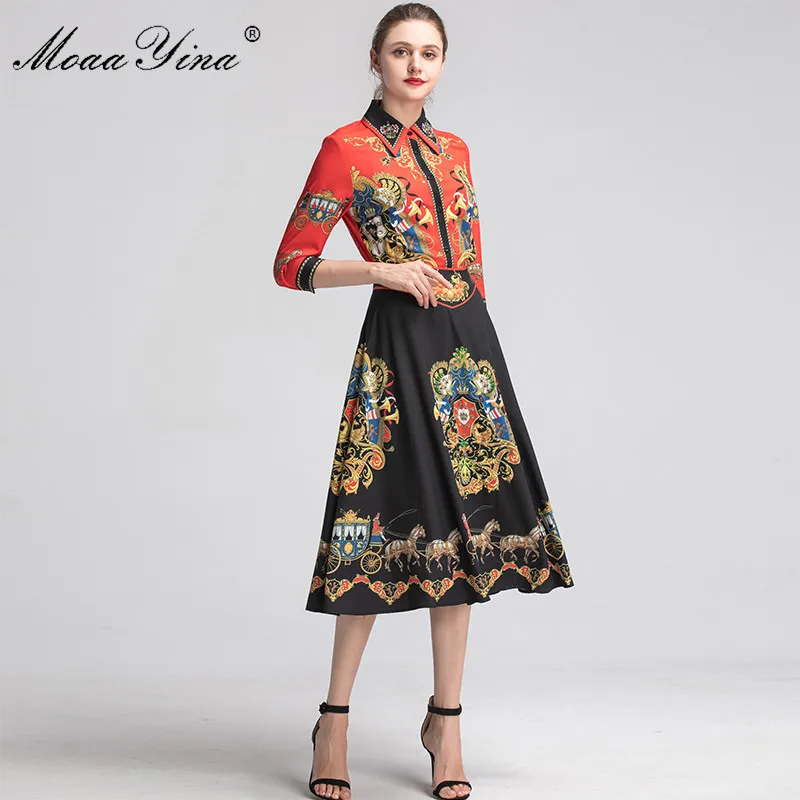MoaaYina Fashion Designer Set Spring Women Half sleeve Crystal Vintage Print Elegant Shirt Tops+Midi Skirt Two-piece suit | Женская