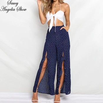 

SAUCY ANGELIA Women Long Wide Leg Pants Cut Out Legs Dots Ruffles Bottom Pants Zipper Slimming Waist Pantalon Femme Streetwear