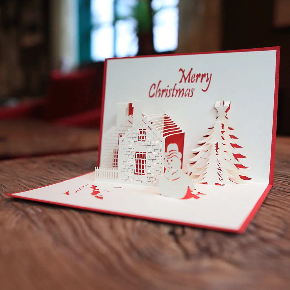 3D Pop-Up Christmas Castle Postcard Red