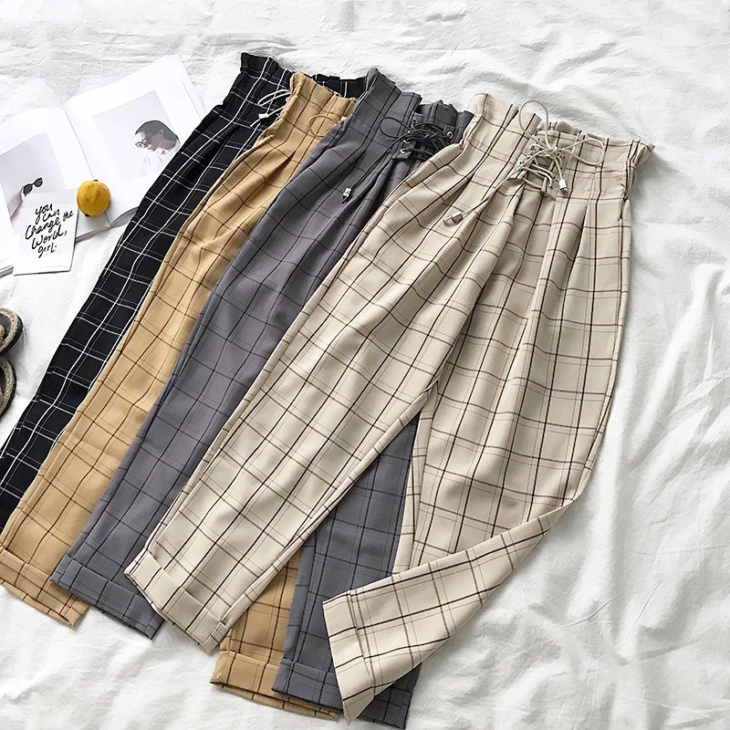 Drawstring Lacing Up Waist Plaid Pants Women 2019 New Spring Autumn Ankle Length Harem Pants Plaid Striped Pantalon Femme
Drawstring Lacing Up Waist Plaid Pants Women 2019 New Spring Autumn Ankle Length Harem Pants Plaid Striped Pantalon Femme