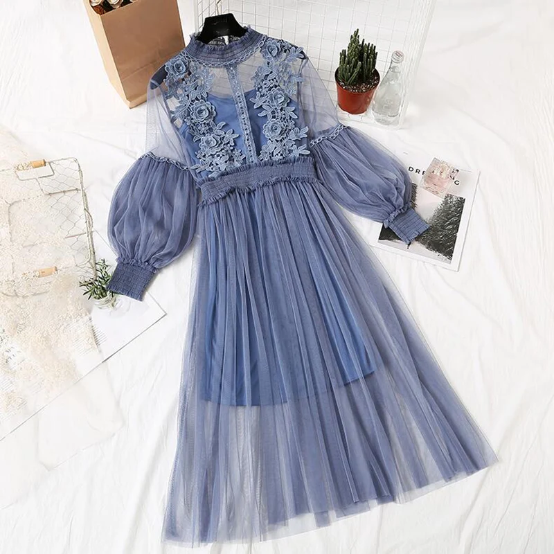 2019 Summer Lace Dress Women Sweet Flower Mesh Midi Dress Female Stand-Neck Long-Sleeved Party Dresses Vestidos Two-Piece Suit
2019 Summer Lace Dress Women Sweet Flower Mesh Midi Dress Female Stand-Neck Long-Sleeved Party Dresses Vestidos Two-Piece Suit