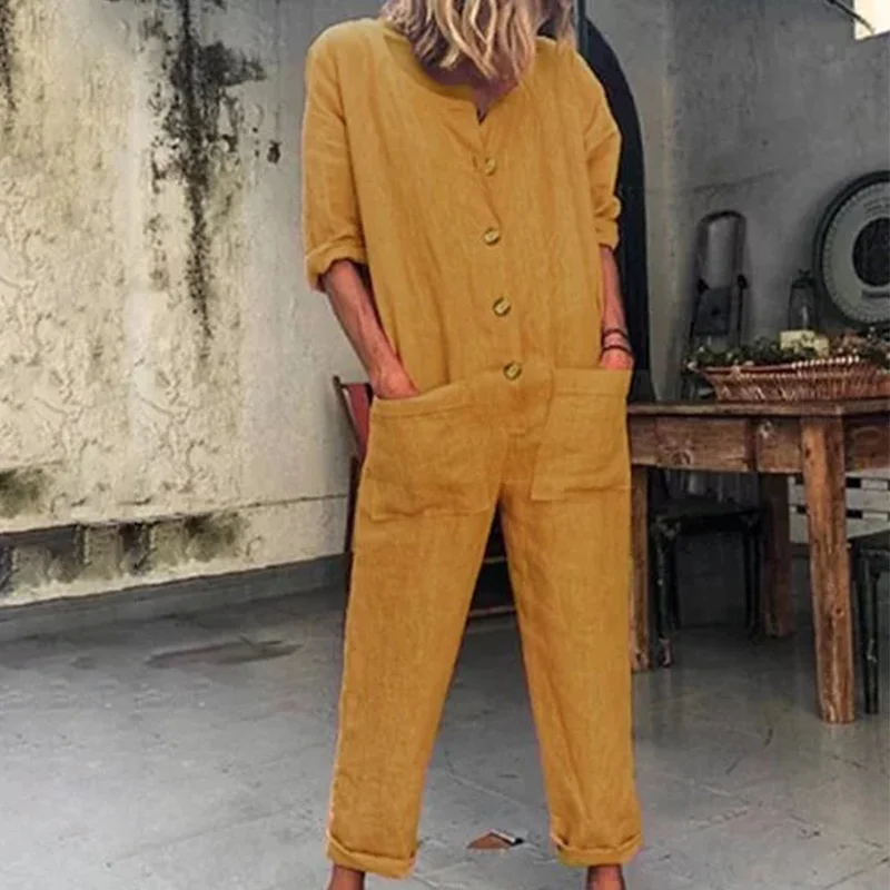 Women's Cotton Linen Jumpsuits Buttons Pockets Long Sleeve O-Neck Female Rompers 2019 Spring Autumn Fashion Loose Jumpsuit Lady
Women's Cotton Linen Jumpsuits Buttons Pockets Long Sleeve O-Neck Female Rompers 2019 Spring Autumn Fashion Loose Jumpsuit Lady