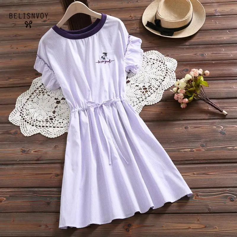 Preppy Style Summer Women Elegant Short Sleeve Dress Embroidery Sweet Vestidos De Festa Blue Purple Striped Cotton Linen Dress
Preppy Style Summer Women Elegant Short Sleeve Dress Embroidery Sweet Vestidos De Festa Blue Purple Striped Cotton Linen Dress