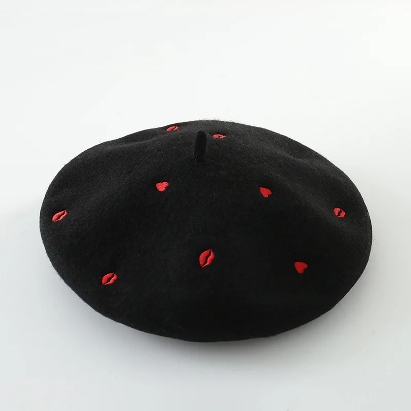 COKK Autumn Winter Hats For Women Lady Wool Beret Embroidered Red Heart Lip Flat Cap Painter Hat Female Boina Soft Gorras Planas 13