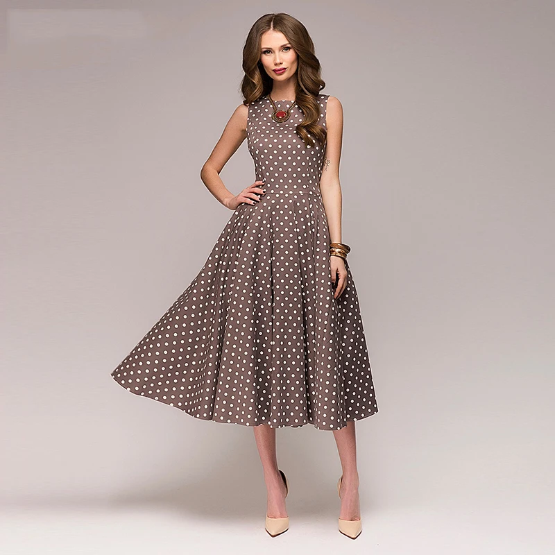 Vintage Dress Women Elegant Dot Printing Mid-Calf Dresses Casual Summer Sleeveless O-neck Vestidos Coffee Woman Clothes
Vintage Dress Women Elegant Dot Printing Mid-Calf Dresses Casual Summer Sleeveless O-neck Vestidos Coffee Woman Clothes