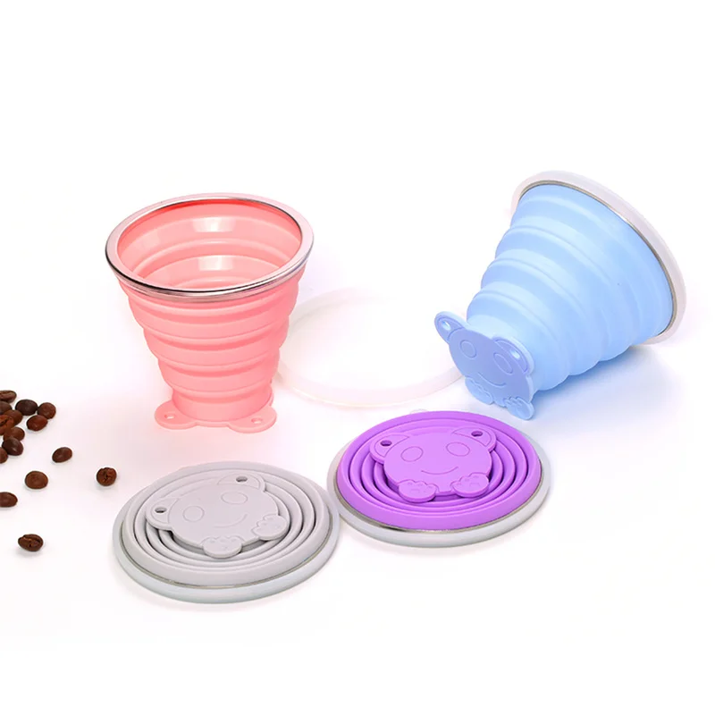 

270ml Stainless Steel Silicone Folding Cup With Lanyard / Dustproof Cover Lid Outdoor Coffee Cups Retractable Travel Copa