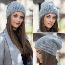 Mulheres malha Chapéu Do Inverno feminino Quente fluff Coelho beanie Skullies gorros Bonnet femme Menina Sólidos Macios Chapéus Tampas de Inverno das Mulheres(China)