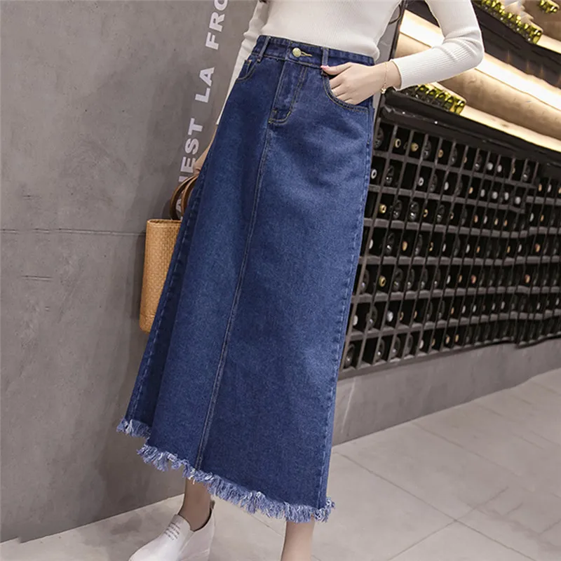 Женская джинсовая юбка длинная Асимметричная Однотонная средней длины с высокой