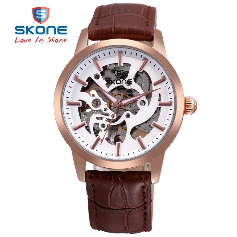 

SKONE Mechanical Quartz Dual Movt Watch Luxury Black Case Genuine Leather Strap Automatic Mechanical Watch Men relogio masculin
