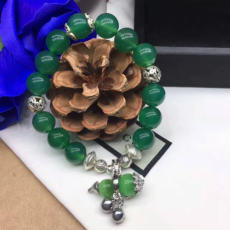 Green Natural Crystal Bracelets Round Bead with Tibetan silver cat eye gourd Pendant for Women bracelets Jewelry | Украшения и