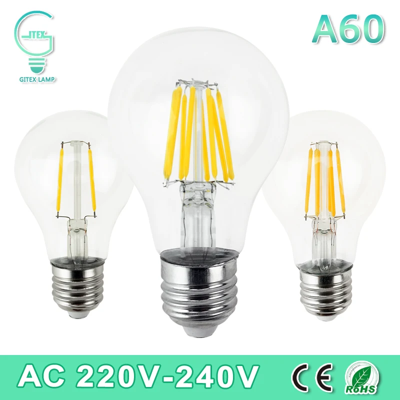 Dimmable Retro LED Filament Light lamp E27 2W 4W 6W 8W A60 Vintage Led Edison Bulb 220V LED Clear Glass Shell
Dimmable Retro LED Filament Light lamp E27 2W 4W 6W 8W A60 Vintage Led Edison Bulb 220V LED Clear Glass Shell