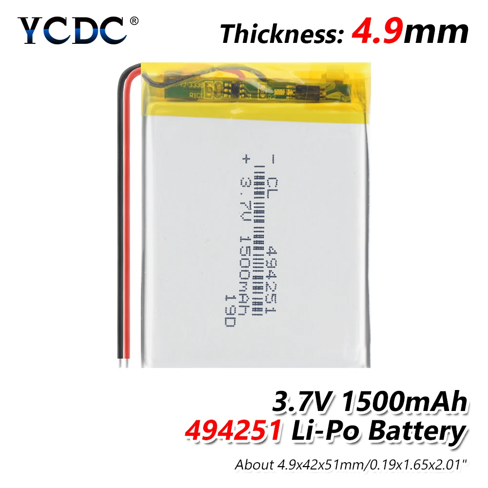 1/2/4 Pcs New 494251 1500mAh Lithium Li-ion Polymer Battery 3.7V 494251 Lipo Batteries For DVR GPS MP3 MP4 Toy BT Speaker
1/2/4 Pcs New 494251 1500mAh Lithium Li-ion Polymer Battery 3.7V 494251 Lipo Batteries For DVR GPS MP3 MP4 Toy BT Speaker