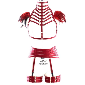 Feather Epaulette Shoulder wings Top halter Cage Bra Lace Pantie Suit High Waist Garter Belts bottom Leg Ring Harness Wine Red
Feather Epaulette Shoulder wings Top halter Cage Bra Lace Pantie Suit High Waist Garter Belts bottom Leg Ring Harness Wine Red