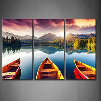 

3 Panel Wall Art Mountain Lake Sunset Three Boats Trees Painting Print On Canvas Landscape Pictures For Home Decor Decoration