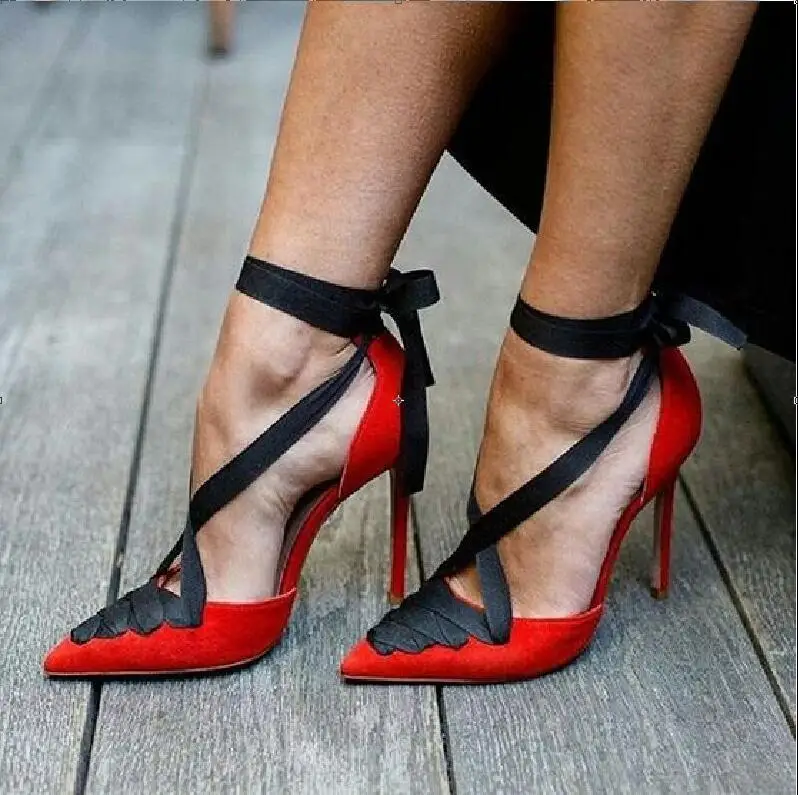 

2018 Hot Fashion Elegant Red Flock Pointed Toe Shoe Thin Hells 8cm /10cm/ 12cm Cross-tied Women's Shoes Shallow big Size Pumps
