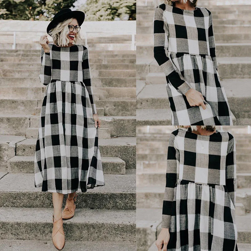 

Women Autumn Clothes Casual Loose Long Dress Plaid Round Neck Long Sleeve Evening Party Sundress Regular Size Pullover