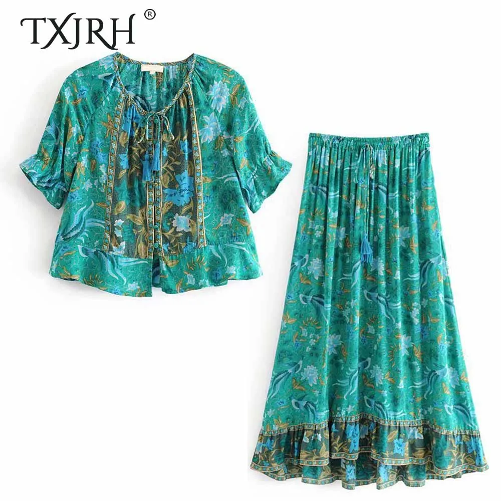 TXJRH Bohemia Ethnic Green Phoenix Floral Tassel Lacing up V-Neck Tops Elastic Waist Tied Bow Long A-Line Skirt 2 Pieces Sets
TXJRH Bohemia Ethnic Green Phoenix Floral Tassel Lacing up V-Neck Tops Elastic Waist Tied Bow Long A-Line Skirt 2 Pieces Sets