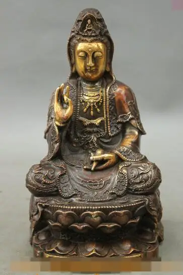 

S00932 8"Chinese Bronze Gilt Buddhism GuanYin Kwan-yin Goddess Buddha Lotus Robe Statue (B0328)