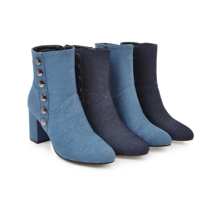 New Women Boots Plus Size 34-43 Women Fashion Shoes Autumn Winter Denim Thick Heel Ankle Boots Casual Shoes Woman Zip High Heels (1)