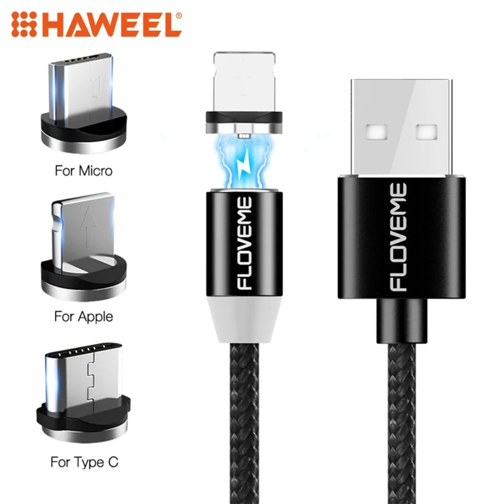 HAWEEL м 1 M 2A 8 Pin + Micro USB USB-C/type-C к нейлоновый Магнитный зарядный кабель для iPhone iPad и