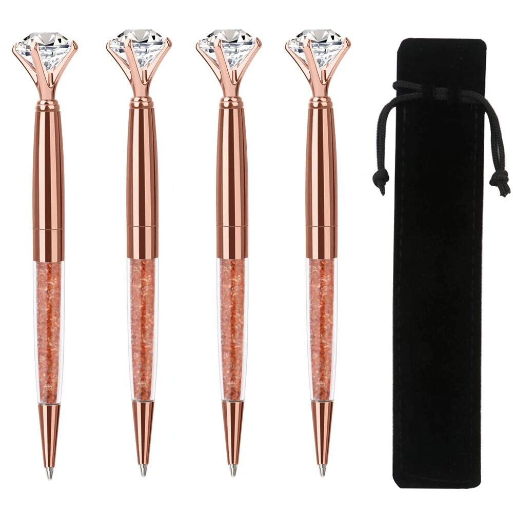 

4Pcs Rose Gold Big Diamond Ballpoint Pens Metal Ball-Point Fun Bling Crystal Jewel Pen For Stylish Fancy Office Supplies