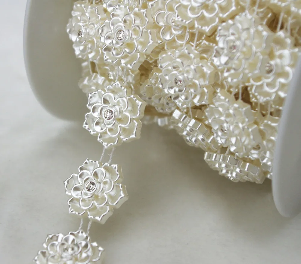 

5y 20mm flower Shaped Ivory Pearl Rhinestone Chain Trims Sewing Crafts Costume Applique Wedding Decoration LZ95