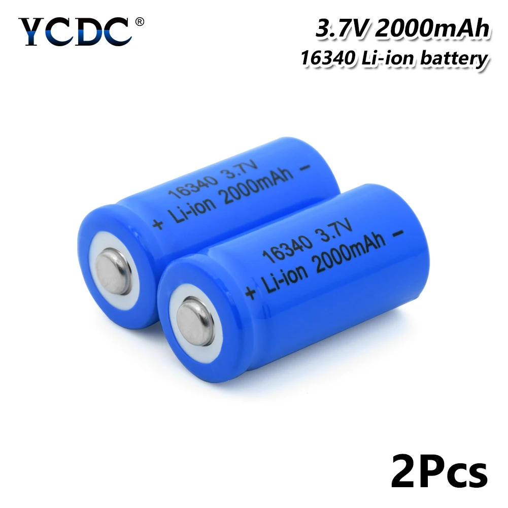 2Pcs Torch LED Flashlight Rechargeable 16340 Battery 2000mAh 3.7V Li-ion Cell for Laser Pen LED Flash light Cell battery holder
2Pcs Torch LED Flashlight Rechargeable 16340 Battery 2000mAh 3.7V Li-ion Cell for Laser Pen LED Flash light Cell battery holder