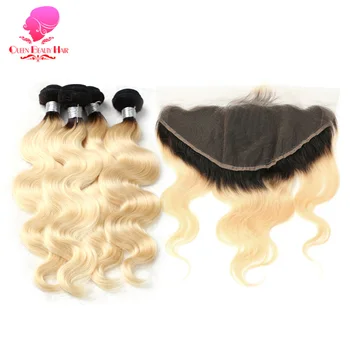 

QUEEN Remy Ombre Color 1B/613 Hair Wefts 3/4 Bundles with 13x6 Ear to Ear Lace Frontal Body Wave Peruvian Human Blonde Hair