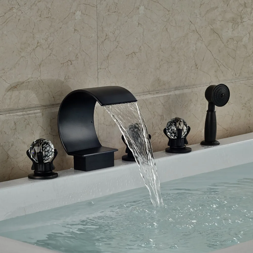 

Oil Rubbed Bronze Finished Deck Mounted Bathtub Faucet 3 Crystal Handles With Hand Shower