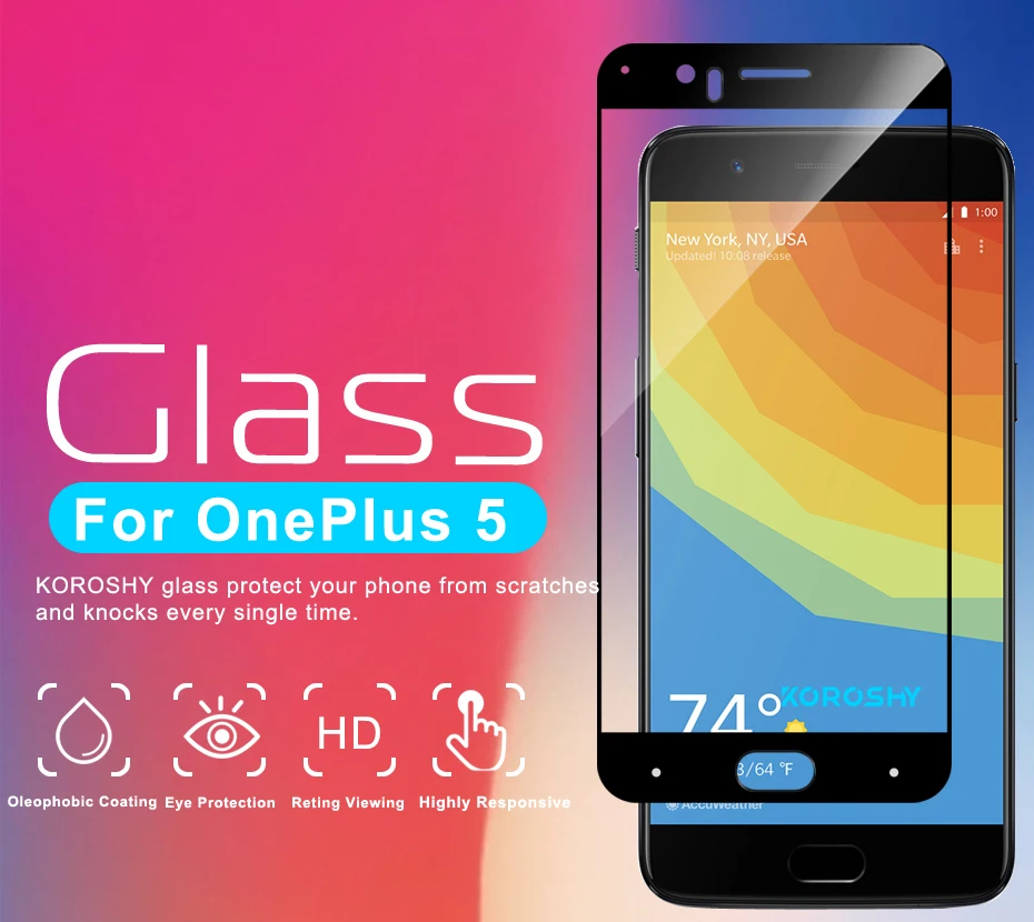 KOROSHY Full Cover Tempered Glass for OnePlus 5 Five OnePlus5 One Plus 5 1+5 Pro Prime Screen Protector Anti-Scratch Glass Film
