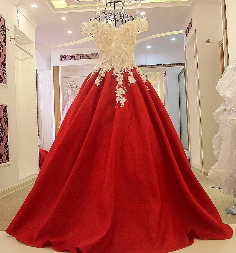 off-the-shoulder red ball gown dress