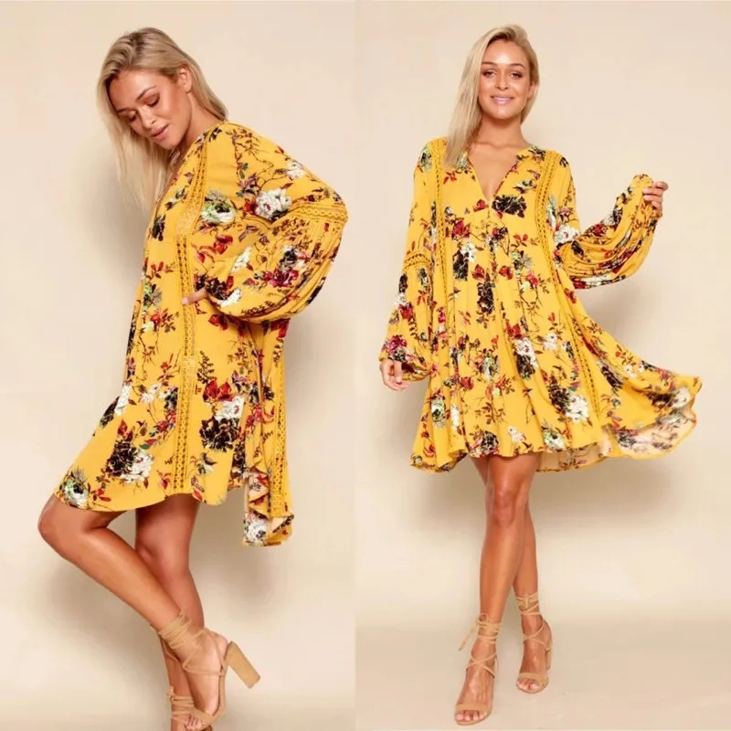 yinlinhe Yellow Florla Bohemian Summer Dress Long Lantern Sleeve V neck Beach Dress Women Hollow Out Loose Elegant Vestidos 2