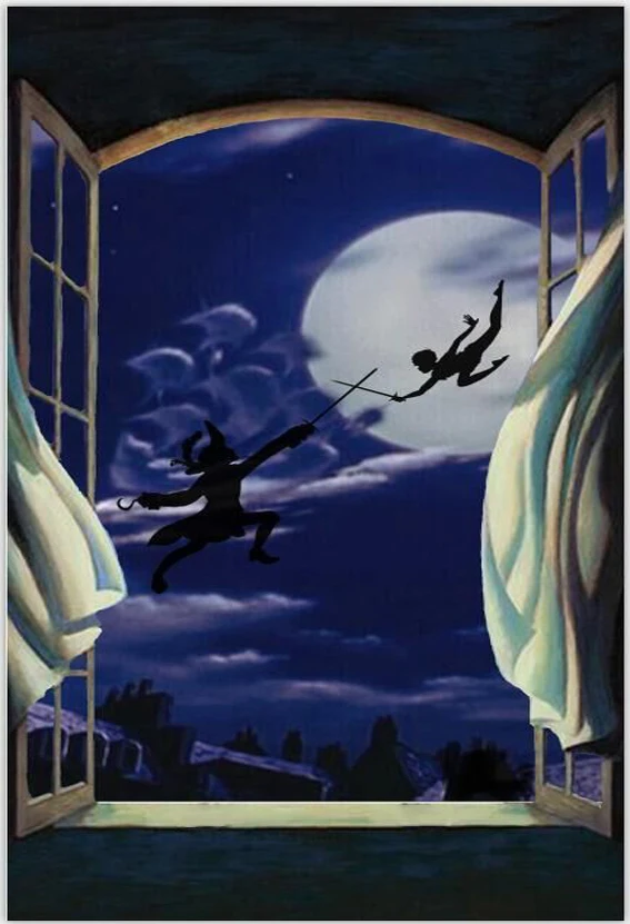 

5x7FT Peter Pan Wendy Witch Blue Sky Night Moon Window View Tinker Custom Photo Studio Backdrop Background Vinyl 220cm x 150cm