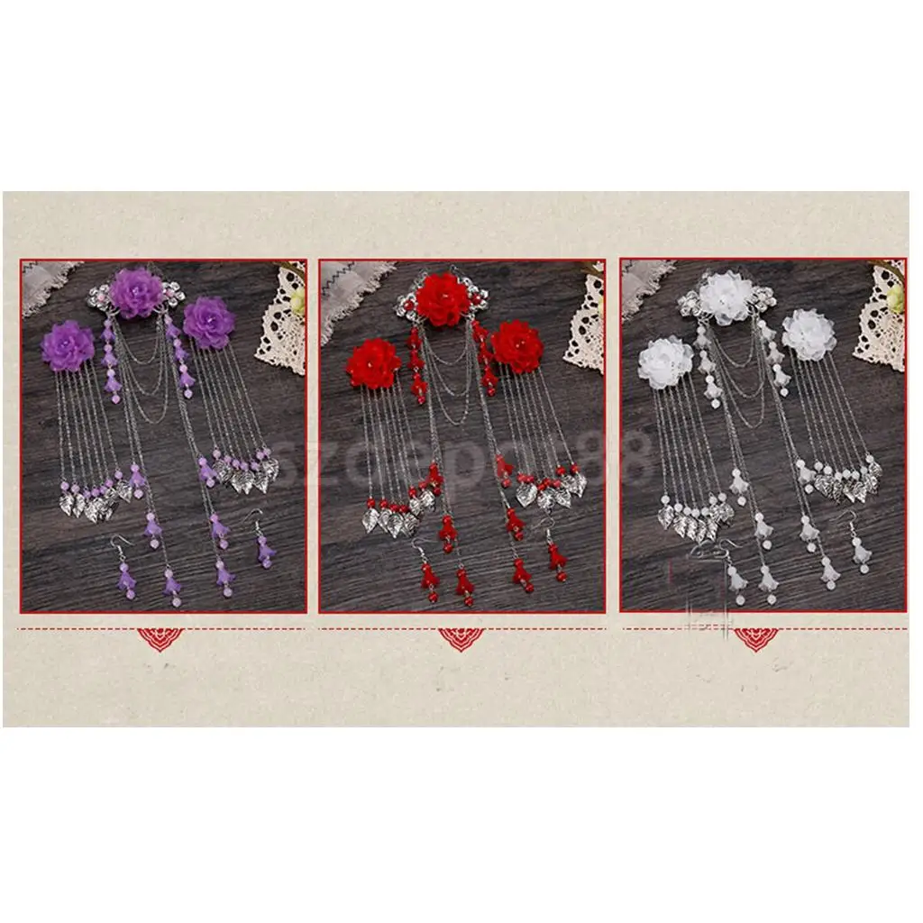 3 Pieces Costume Classic Flower Hair Clip Tassel Hair Barrette for Hanfu COS Hair Ornaments