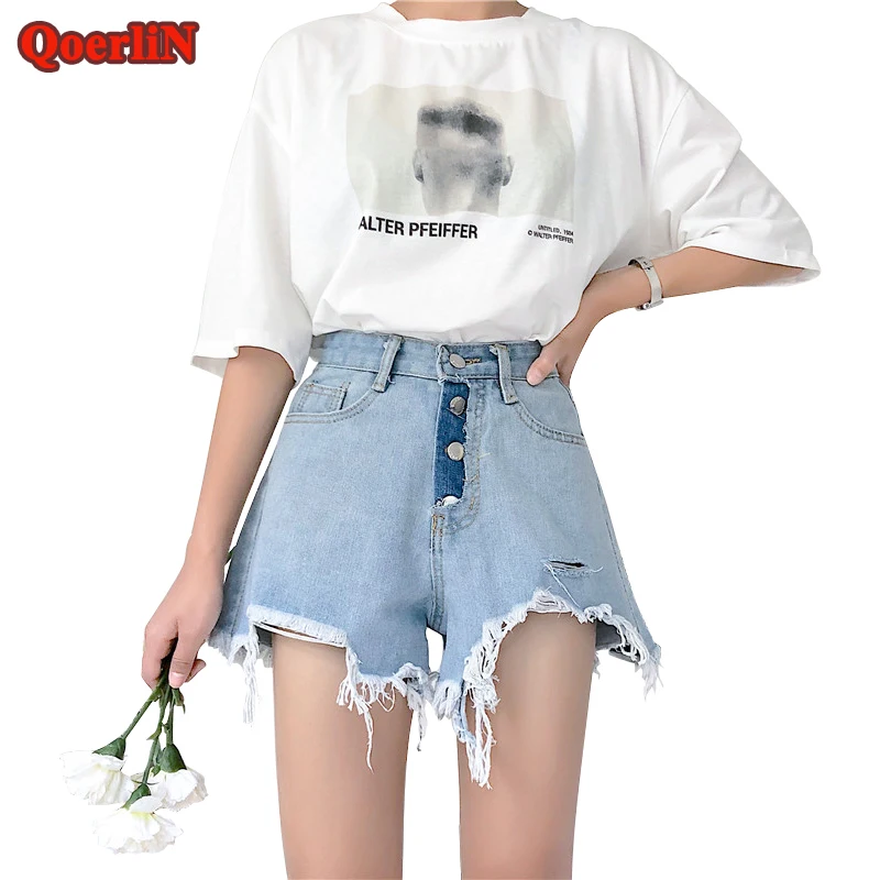 QoerliN женская одежда Винтаж Ripped Fringe синий Джинсовые шорты Для женщин уличная